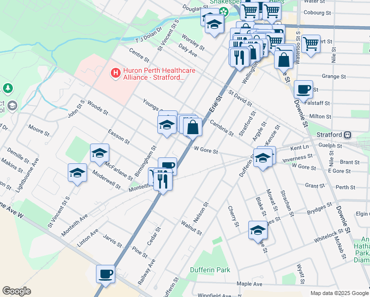 map of restaurants, bars, coffee shops, grocery stores, and more near 342 Ontario 7 in Stratford