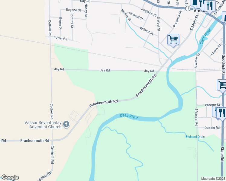 map of restaurants, bars, coffee shops, grocery stores, and more near 5830 Frankenmuth Road in Vassar