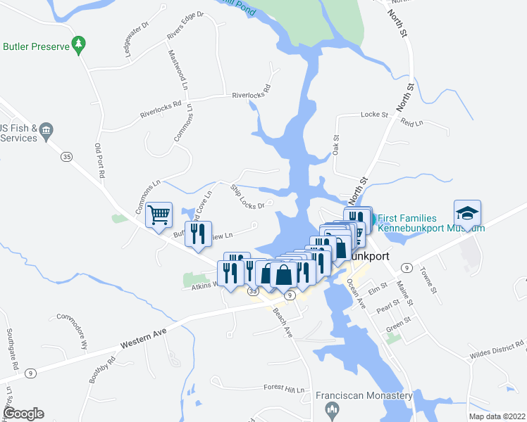 map of restaurants, bars, coffee shops, grocery stores, and more near 7 Ship Locks Drive in Kennebunk