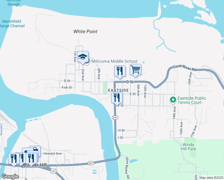 map of restaurants, bars, coffee shops, grocery stores, and more near 483 6th Avenue in Coos Bay