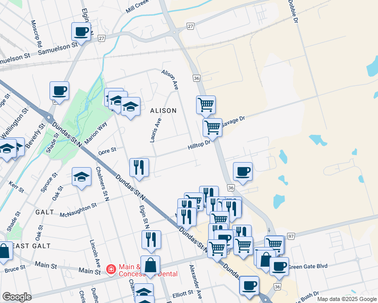 map of restaurants, bars, coffee shops, grocery stores, and more near 55 Hilltop Drive in Cambridge