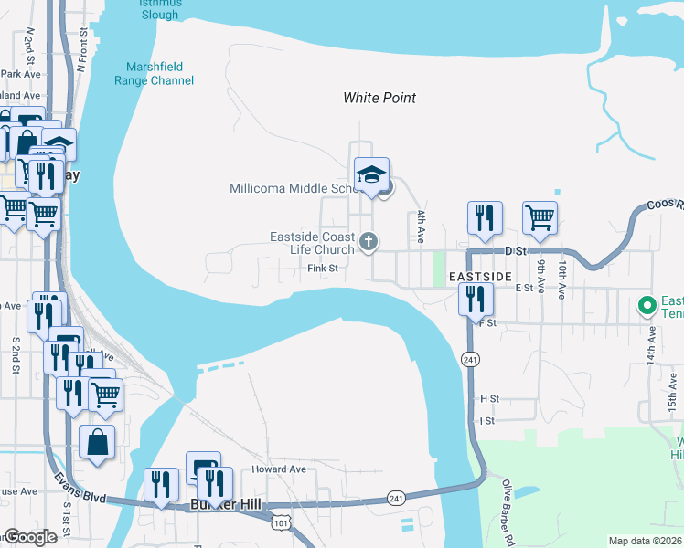 map of restaurants, bars, coffee shops, grocery stores, and more near 116 Fink Street in Coos Bay