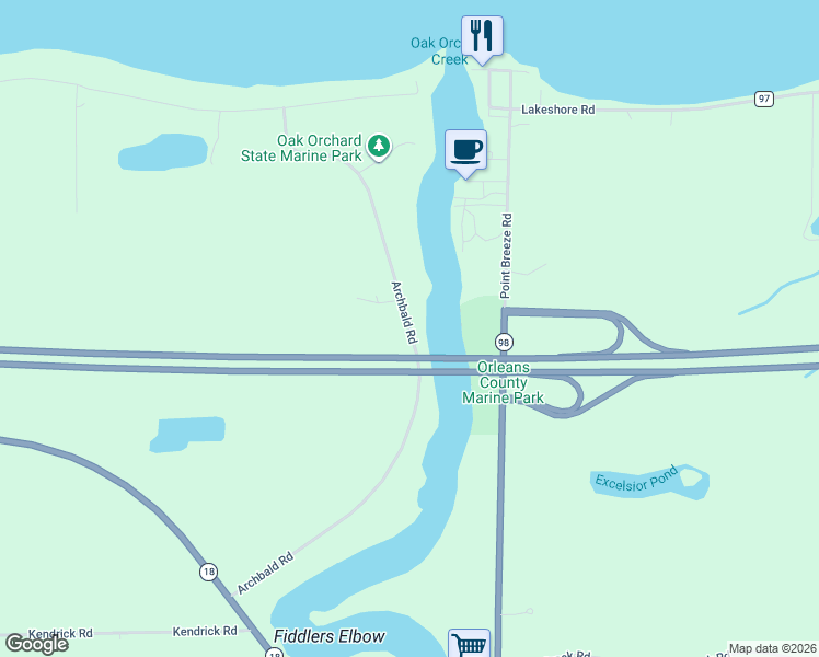 map of restaurants, bars, coffee shops, grocery stores, and more near 1043 Archbald Road in Waterport