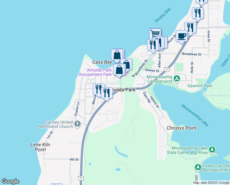 map of restaurants, bars, coffee shops, grocery stores, and more near U.S. 71 in Arnolds Park