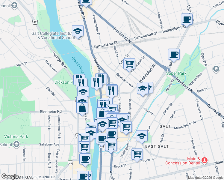 map of restaurants, bars, coffee shops, grocery stores, and more near 143 Ainslie Street North in Cambridge
