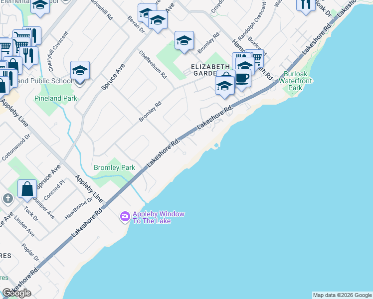 map of restaurants, bars, coffee shops, grocery stores, and more near 5170 Lakeshore Road in Burlington