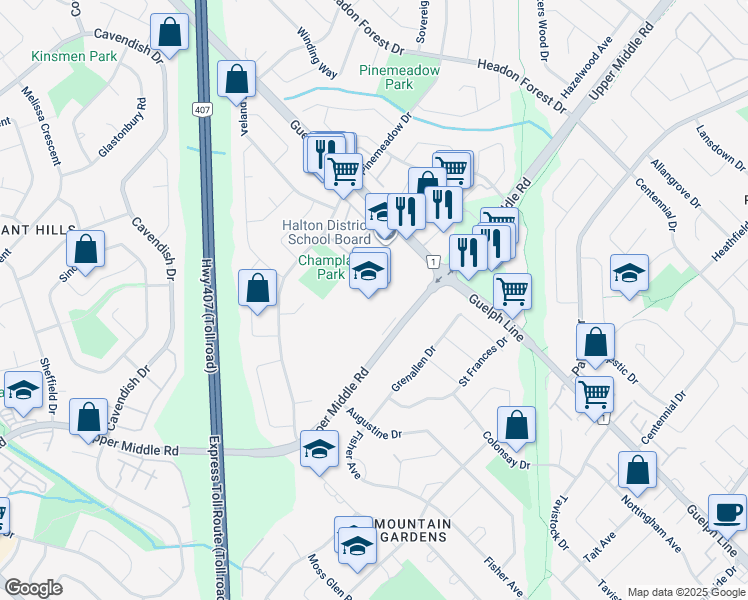 map of restaurants, bars, coffee shops, grocery stores, and more near 2425 Upper Middle Road in Burlington
