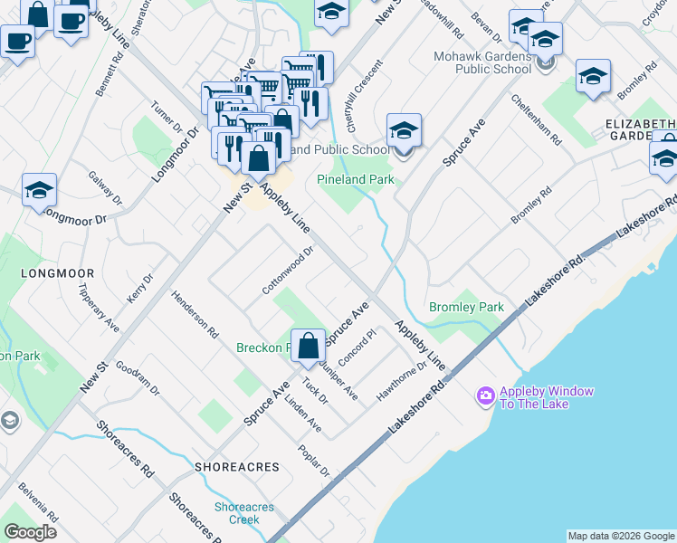 map of restaurants, bars, coffee shops, grocery stores, and more near 308 Appleby Line in Burlington