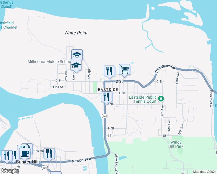map of restaurants, bars, coffee shops, grocery stores, and more near 671 E Street in Coos Bay