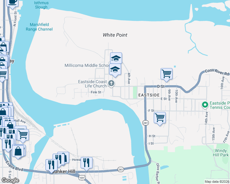map of restaurants, bars, coffee shops, grocery stores, and more near 460 2nd Avenue in Coos Bay