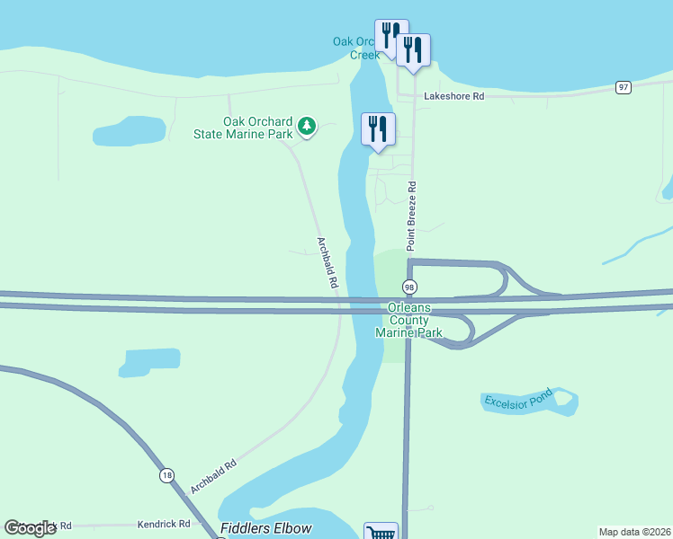map of restaurants, bars, coffee shops, grocery stores, and more near 1043 Archbald Road in Waterport