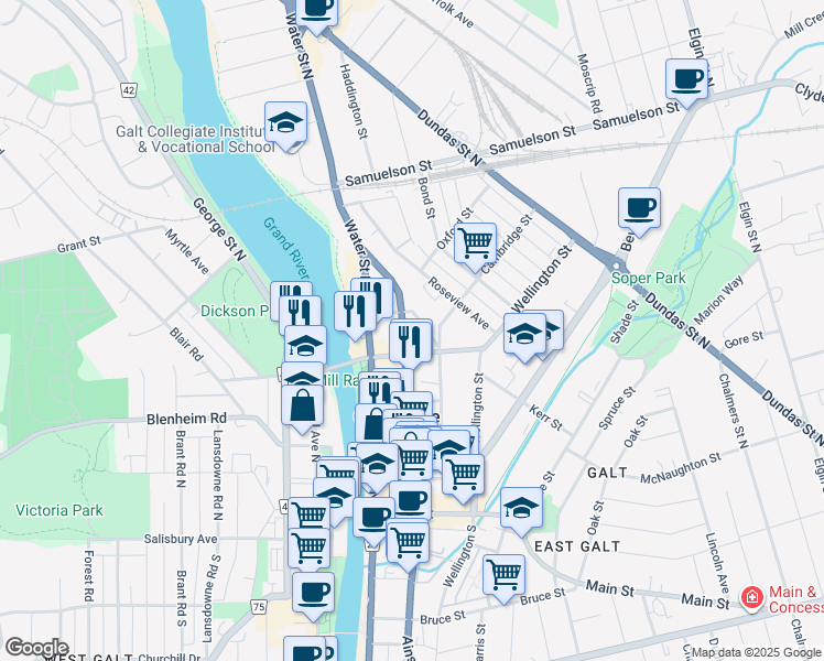 map of restaurants, bars, coffee shops, grocery stores, and more near 22 Park Hill Road East in Cambridge