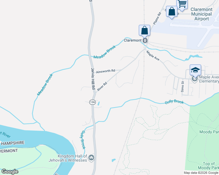 map of restaurants, bars, coffee shops, grocery stores, and more near 82 River Road in Claremont