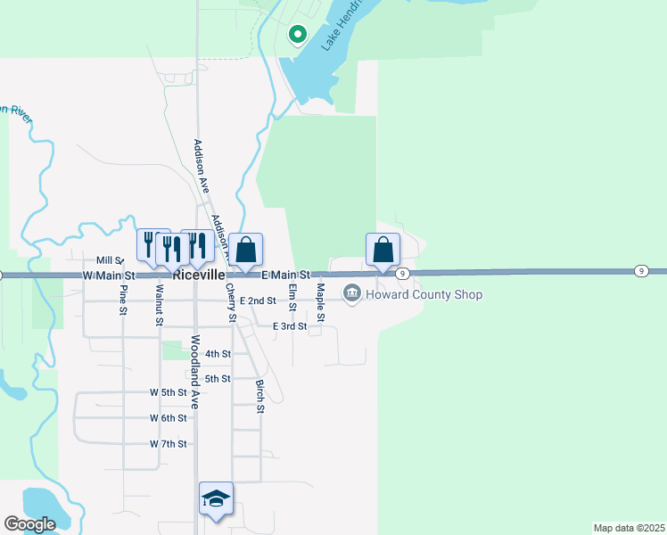 map of restaurants, bars, coffee shops, grocery stores, and more near 417 East Main Street in Riceville