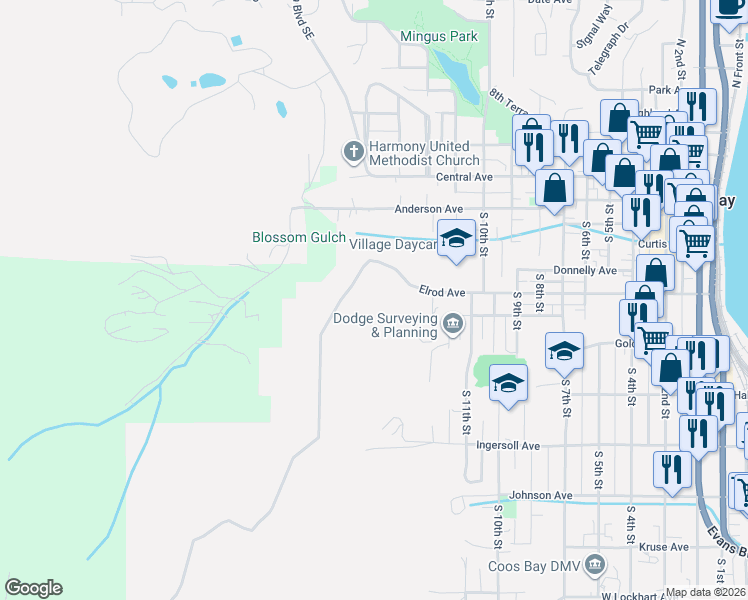 map of restaurants, bars, coffee shops, grocery stores, and more near Elrod Avenue in Coos Bay