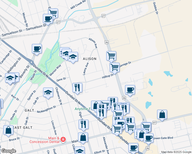 map of restaurants, bars, coffee shops, grocery stores, and more near 43 Hilltop Drive in Cambridge