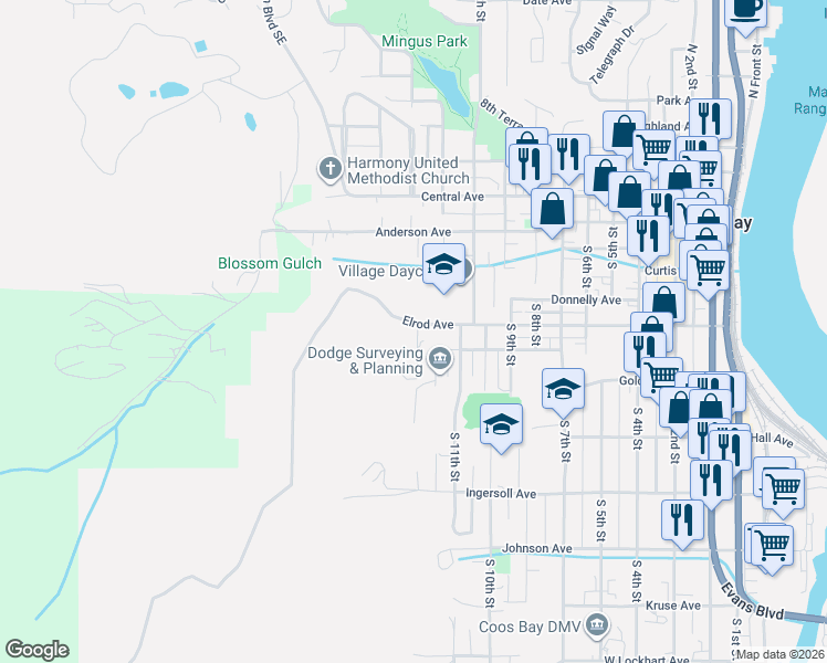 map of restaurants, bars, coffee shops, grocery stores, and more near 543 South 12th Street in Coos Bay