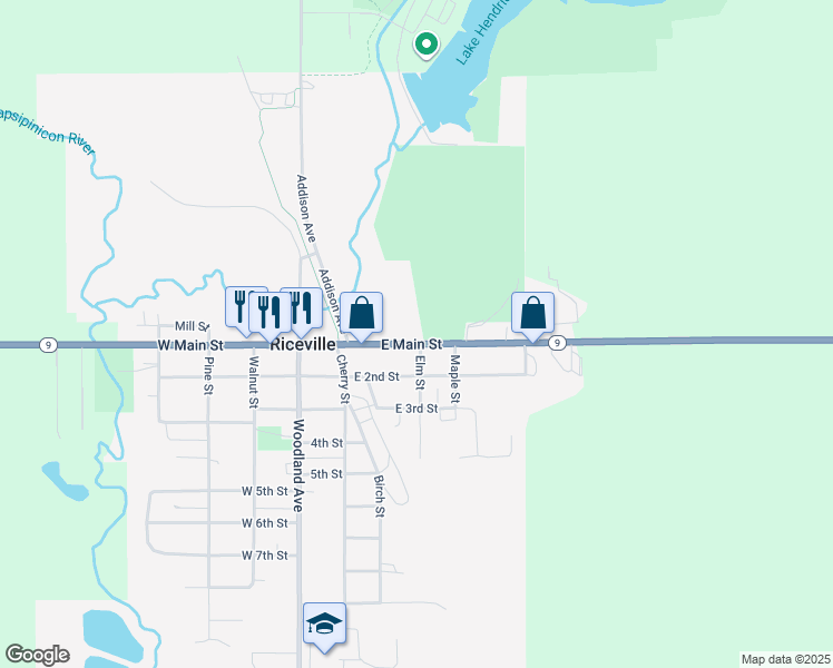 map of restaurants, bars, coffee shops, grocery stores, and more near 105 Elm Street in Riceville