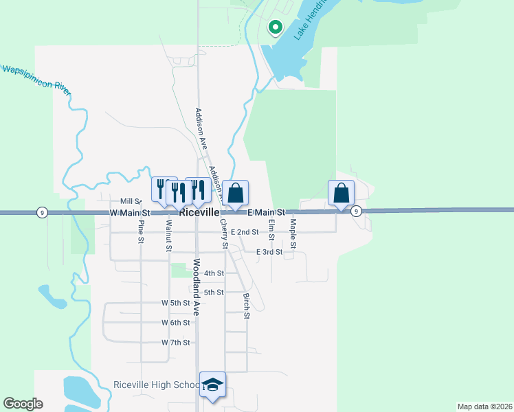 map of restaurants, bars, coffee shops, grocery stores, and more near 105 Elm Street in Riceville