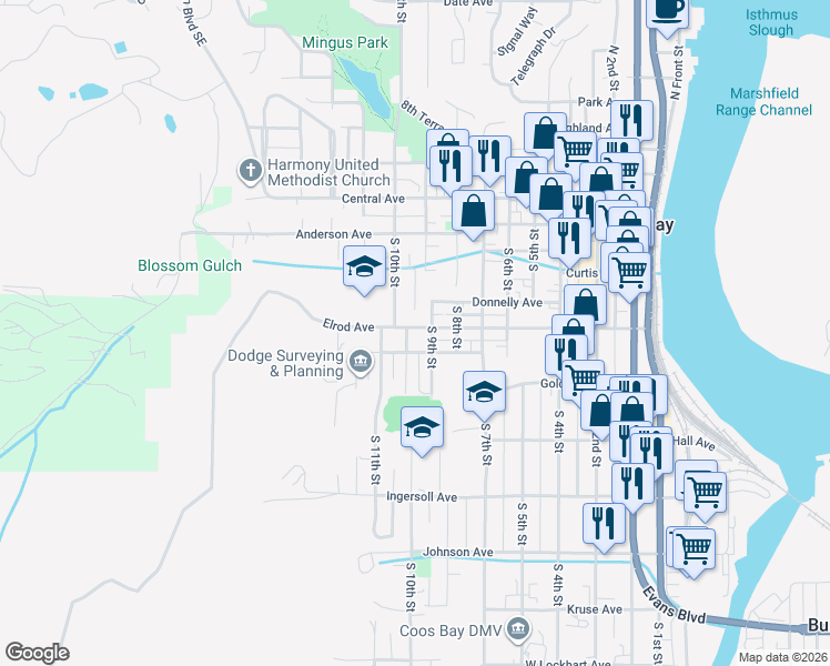 map of restaurants, bars, coffee shops, grocery stores, and more near 963 Elrod Avenue in Coos Bay
