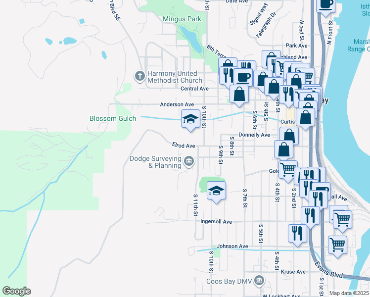 map of restaurants, bars, coffee shops, grocery stores, and more near 1159 Elrod Avenue in Coos Bay