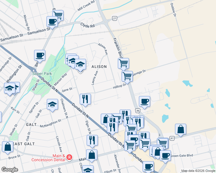 map of restaurants, bars, coffee shops, grocery stores, and more near 46 Hilltop Drive in Cambridge