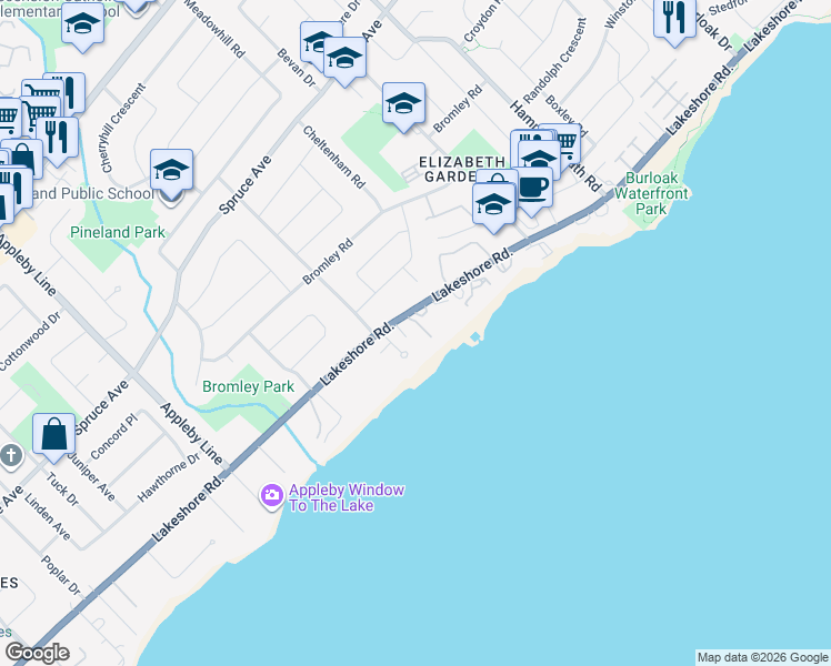map of restaurants, bars, coffee shops, grocery stores, and more near 5188 Lakeshore Road in Burlington