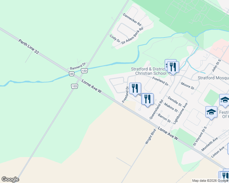 map of restaurants, bars, coffee shops, grocery stores, and more near 178 Athlone Crescent in Stratford