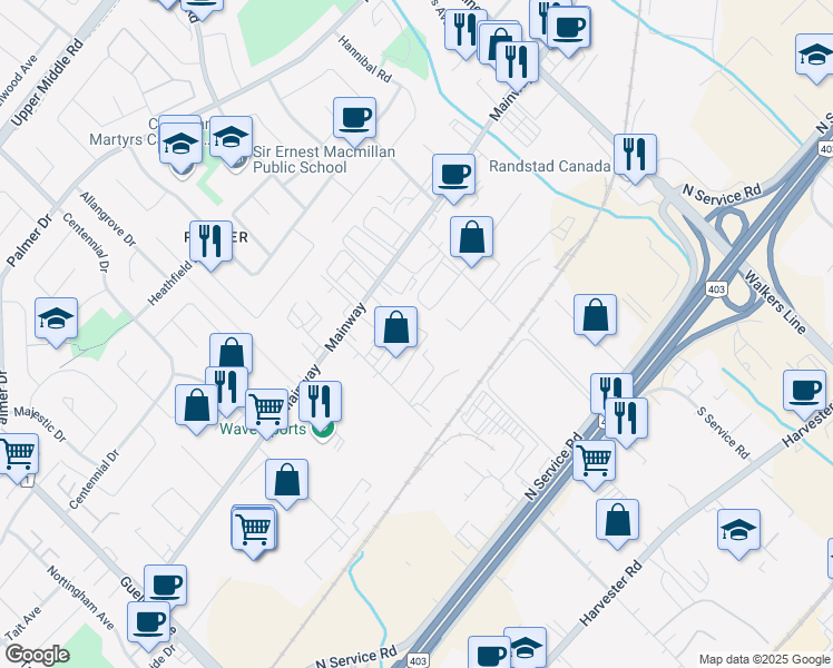 map of restaurants, bars, coffee shops, grocery stores, and more near 1153 Pioneer Road in Burlington