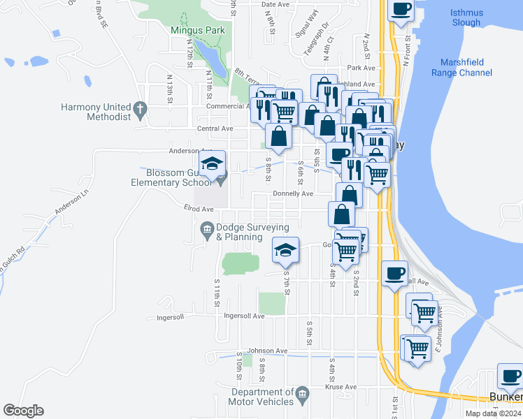 map of restaurants, bars, coffee shops, grocery stores, and more near 877 Donnelly Avenue in Coos Bay