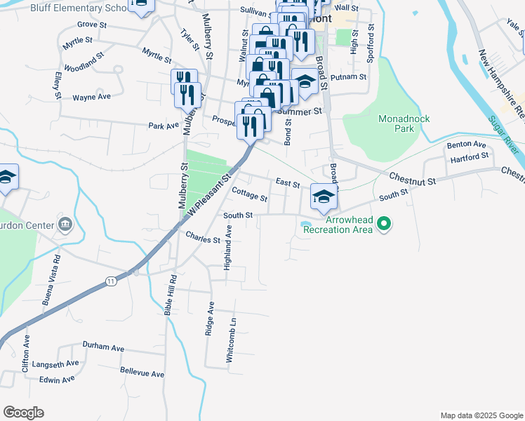 map of restaurants, bars, coffee shops, grocery stores, and more near 20 Cottage Street in Claremont