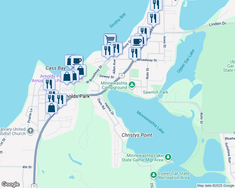 map of restaurants, bars, coffee shops, grocery stores, and more near 99 U.S. Highway 71 South in Arnolds Park