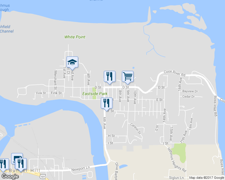 map of restaurants, bars, coffee shops, grocery stores, and more near 423 7th Avenue in Coos Bay