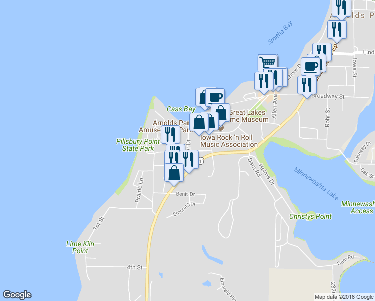 map of restaurants, bars, coffee shops, grocery stores, and more near 3 Zephyr Drive in Arnolds Park