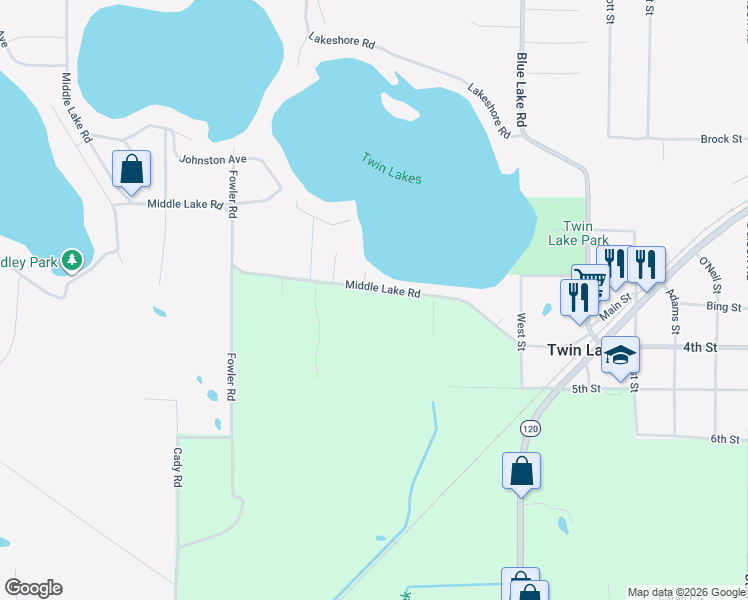 map of restaurants, bars, coffee shops, grocery stores, and more near 2750 Middle Lake Road in Twin Lake