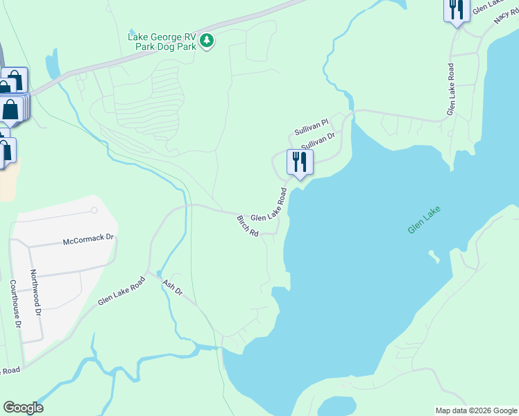 map of restaurants, bars, coffee shops, grocery stores, and more near 261 Glen Lake Rd in Lake George