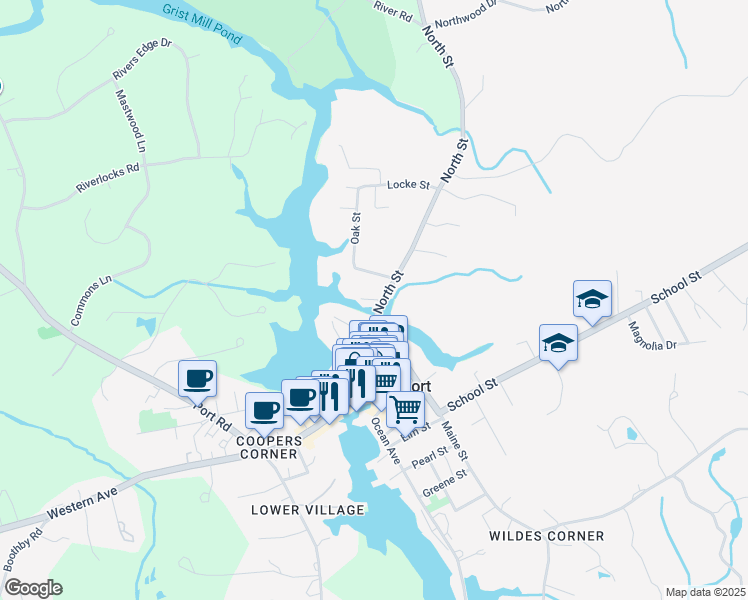 map of restaurants, bars, coffee shops, grocery stores, and more near Mill Lane in Kennebunkport