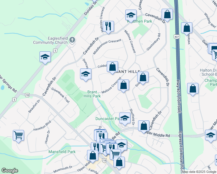 map of restaurants, bars, coffee shops, grocery stores, and more near 2171 Melissa Crescent in Burlington