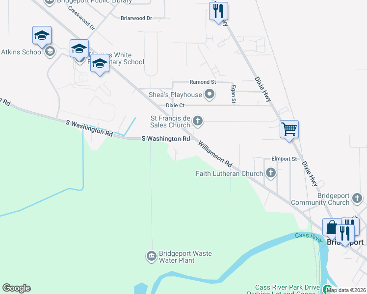map of restaurants, bars, coffee shops, grocery stores, and more near 5220 South Washington Road in Saginaw