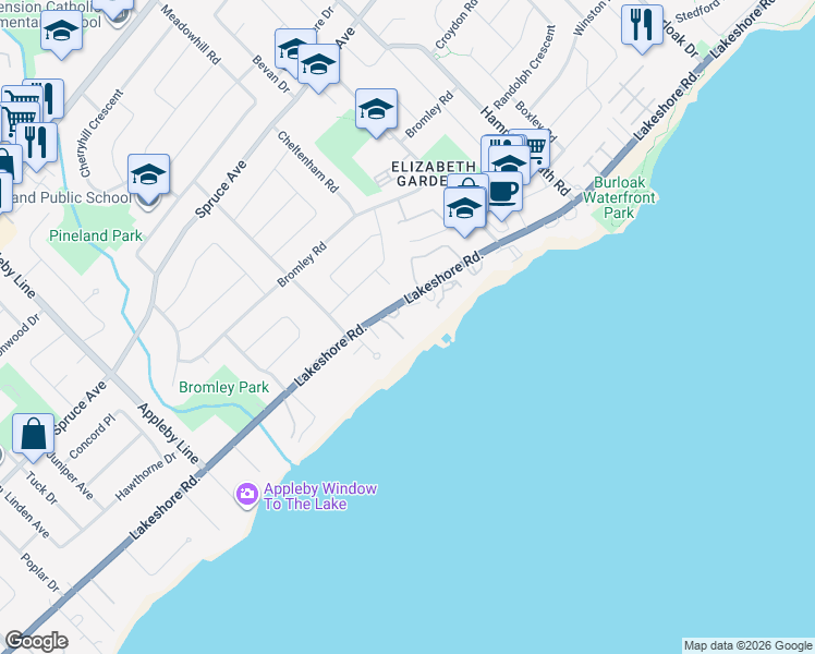 map of restaurants, bars, coffee shops, grocery stores, and more near 5200 Lakeshore Road in Burlington