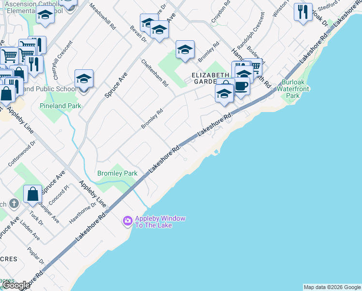 map of restaurants, bars, coffee shops, grocery stores, and more near 5188 Lakeshore Road in Burlington