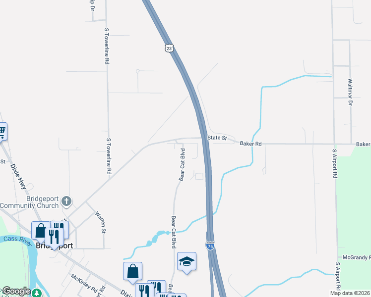 map of restaurants, bars, coffee shops, grocery stores, and more near 4322 Baker Road in Bridgeport charter Township