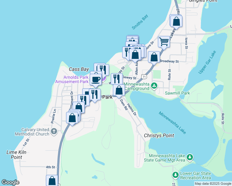 map of restaurants, bars, coffee shops, grocery stores, and more near 233 U.S. 71 in Arnolds Park