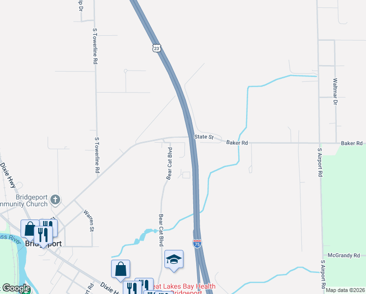map of restaurants, bars, coffee shops, grocery stores, and more near 4384 Baker Road in Bridgeport charter Township