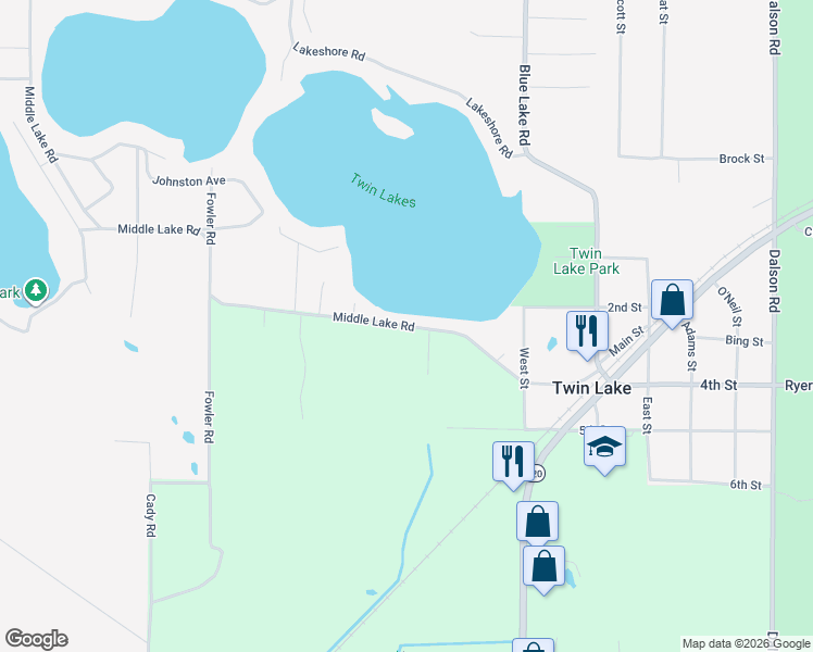 map of restaurants, bars, coffee shops, grocery stores, and more near 2750 Middle Lake Road in Twin Lake