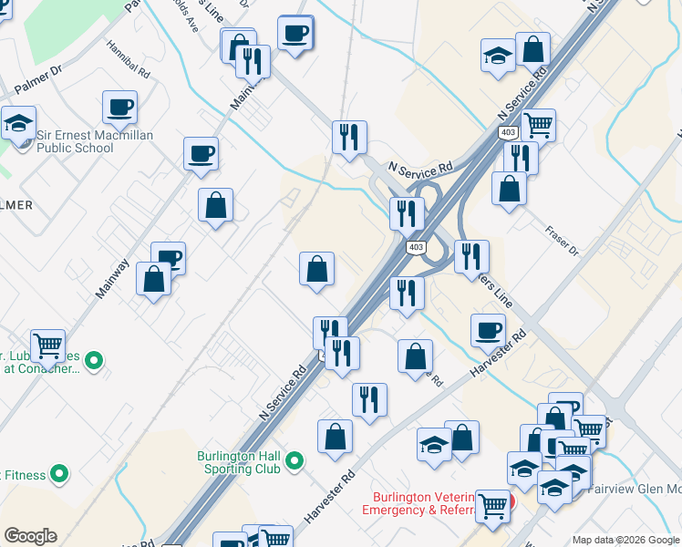 map of restaurants, bars, coffee shops, grocery stores, and more near 3455 North Service Road in Burlington