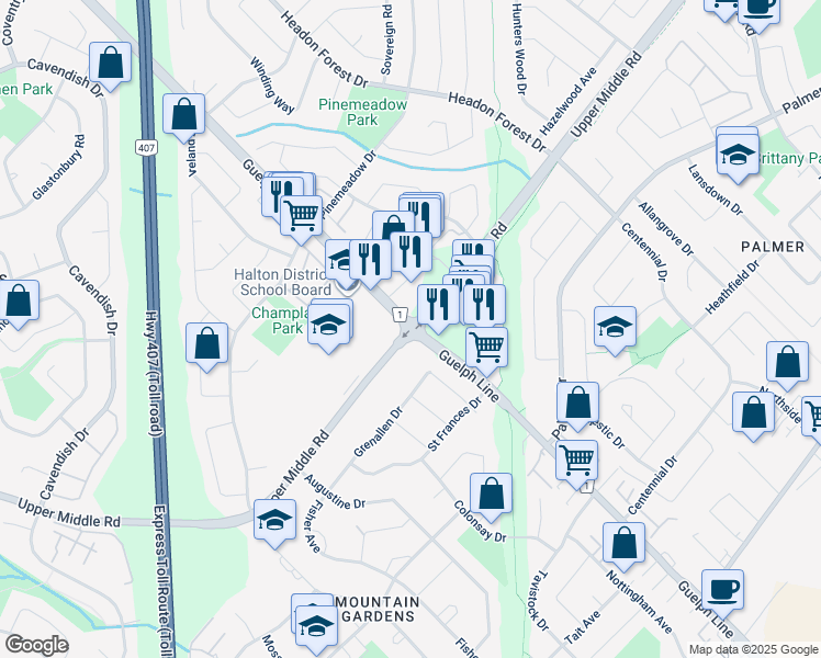 map of restaurants, bars, coffee shops, grocery stores, and more near Guelph Line & Upper Middle Rd in Burlington