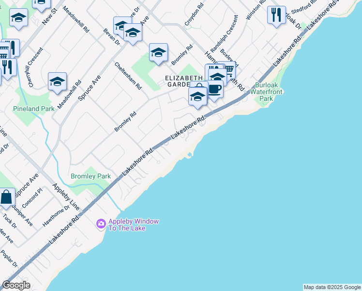 map of restaurants, bars, coffee shops, grocery stores, and more near 5238 Lakeshore Road in Burlington