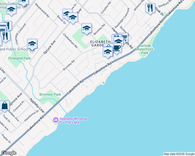 map of restaurants, bars, coffee shops, grocery stores, and more near 5220 Lakeshore Road in Burlington