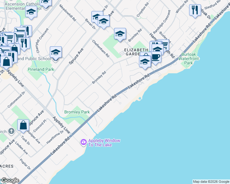 map of restaurants, bars, coffee shops, grocery stores, and more near 5181 Lakeshore Road in Burlington